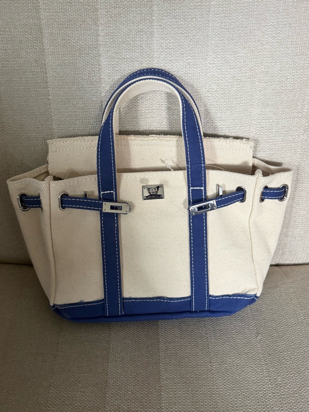 Canvas Tote Bag with Blue Trim - Structured Women’s Handbag